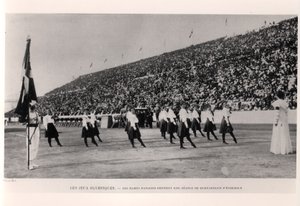 アテネオリンピックでのグループ体操セッションのデモンストレーションを行うデンマークの女性、Les Sports Modernes、1906年